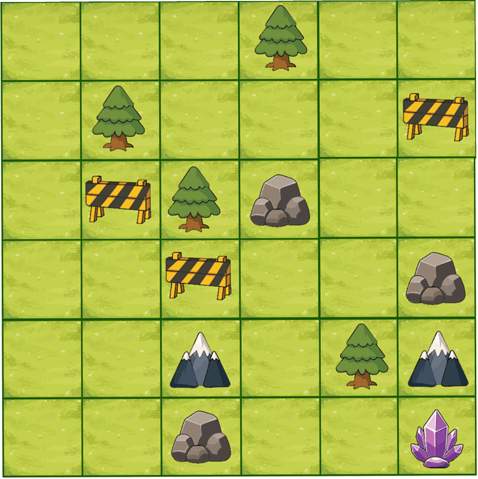 Beeboy forest grid board mat with trees, rocks, obstacles, mountains, and crystals